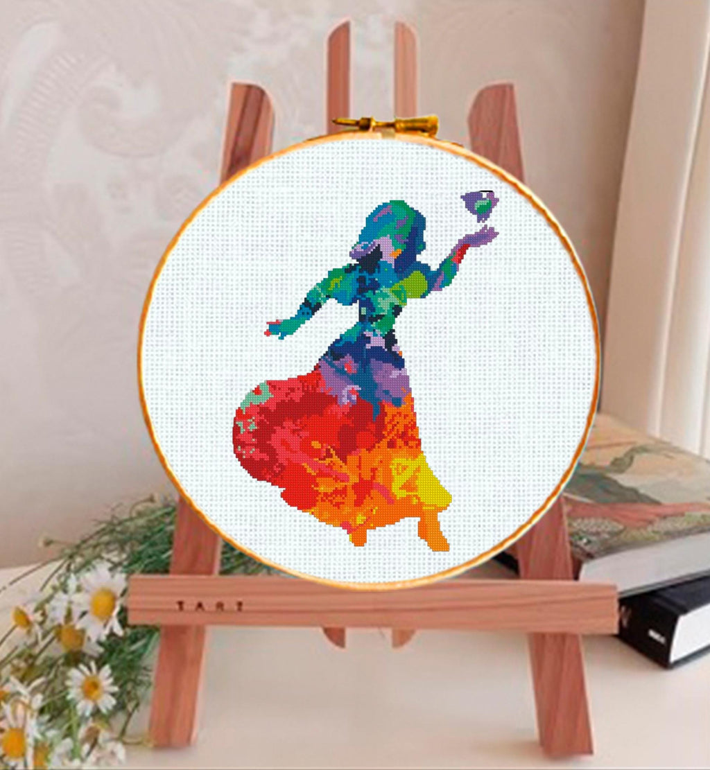Snow White Cross Stitch Pattern PDF, Colorful Princess Silhouette Embroidery Design, Fairy Tale Princess Needlework, Fantasy Rainbow Stitch - NuttyHappyHobby