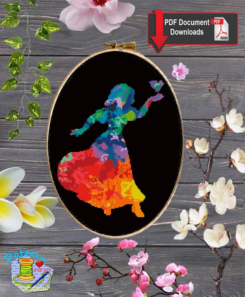 Snow White Cross Stitch Pattern PDF, Colorful Princess Silhouette Embroidery Design, Fairy Tale Princess Needlework, Fantasy Rainbow Stitch - NuttyHappyHobby