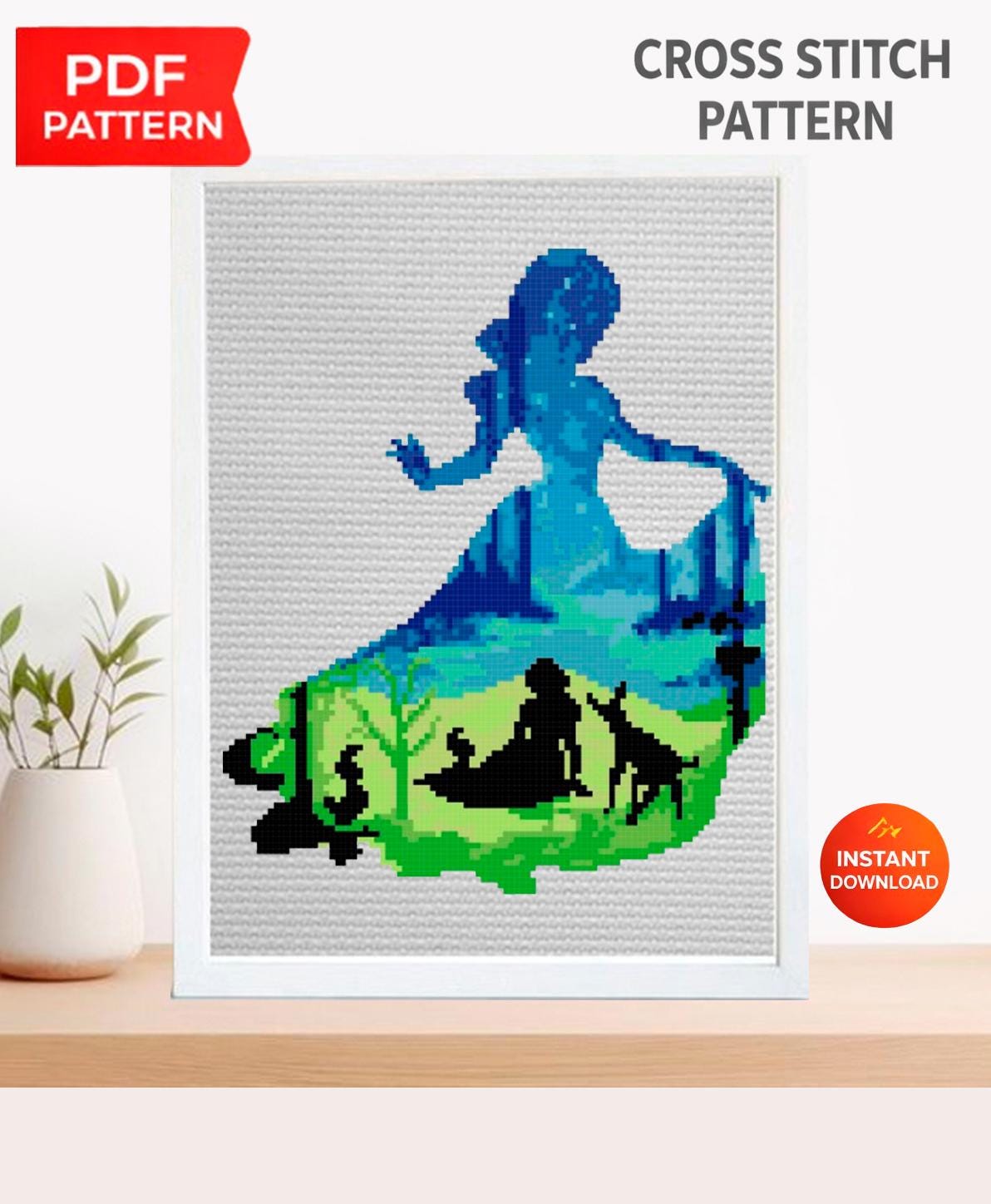 Snow White Inspired Cross Stitch Pattern PDF, Princess Silhouette Embroidery Design, Fairy Tale Princess Needlepoint Chart, 90s cartoons - NuttyHappyHobby