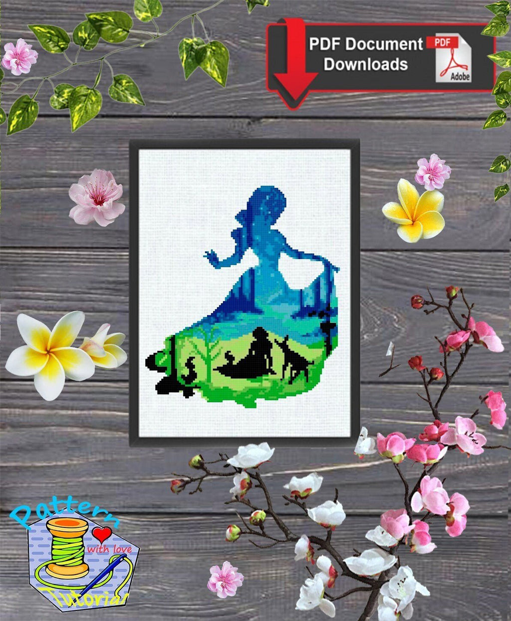 Snow White Inspired Cross Stitch Pattern PDF, Princess Silhouette Embroidery Design, Fairy Tale Princess Needlepoint Chart, 90s cartoons - NuttyHappyHobby