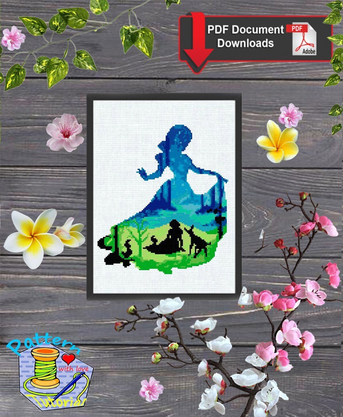 Snow White Inspired Cross Stitch Pattern PDF, Princess Silhouette Embroidery Design, Fairy Tale Princess Needlepoint Chart, 90s cartoons - NuttyHappyHobby