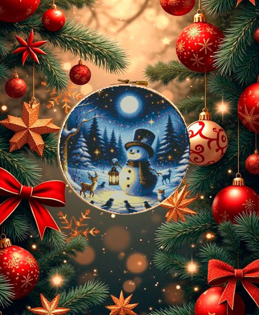 Snowman Cross Stitch Pattern PDF, Winter Night Landscape Embroidery Design, Christmas Snowman Needlework Chart, Holiday Decor embroidery - NuttyHappyHobby