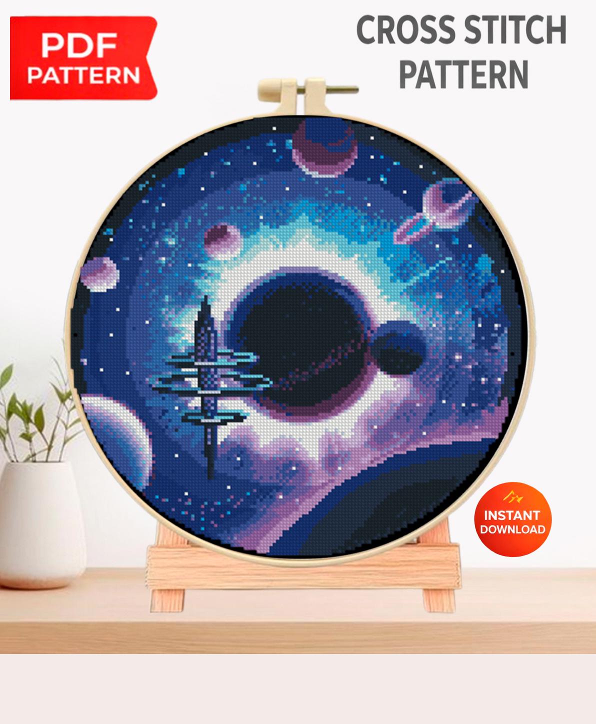 Space Cross Stitch Pattern Bundle PDF, Galaxy Embroidery Designs Set, Astronaut Planet Cross Stitch Charts, Cosmic Needlework patterns pdf - NuttyHappyHobby