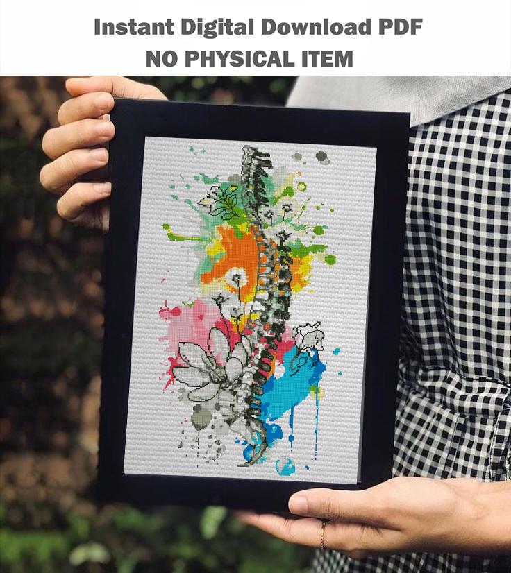 Spine Anatomy Cross Stitch Pattern PDF, Colorful Vertebrae Embroidery Chart, Modern Anatomical Art, Floral Skeleton Needlepoint, Download - NuttyHappyHobby