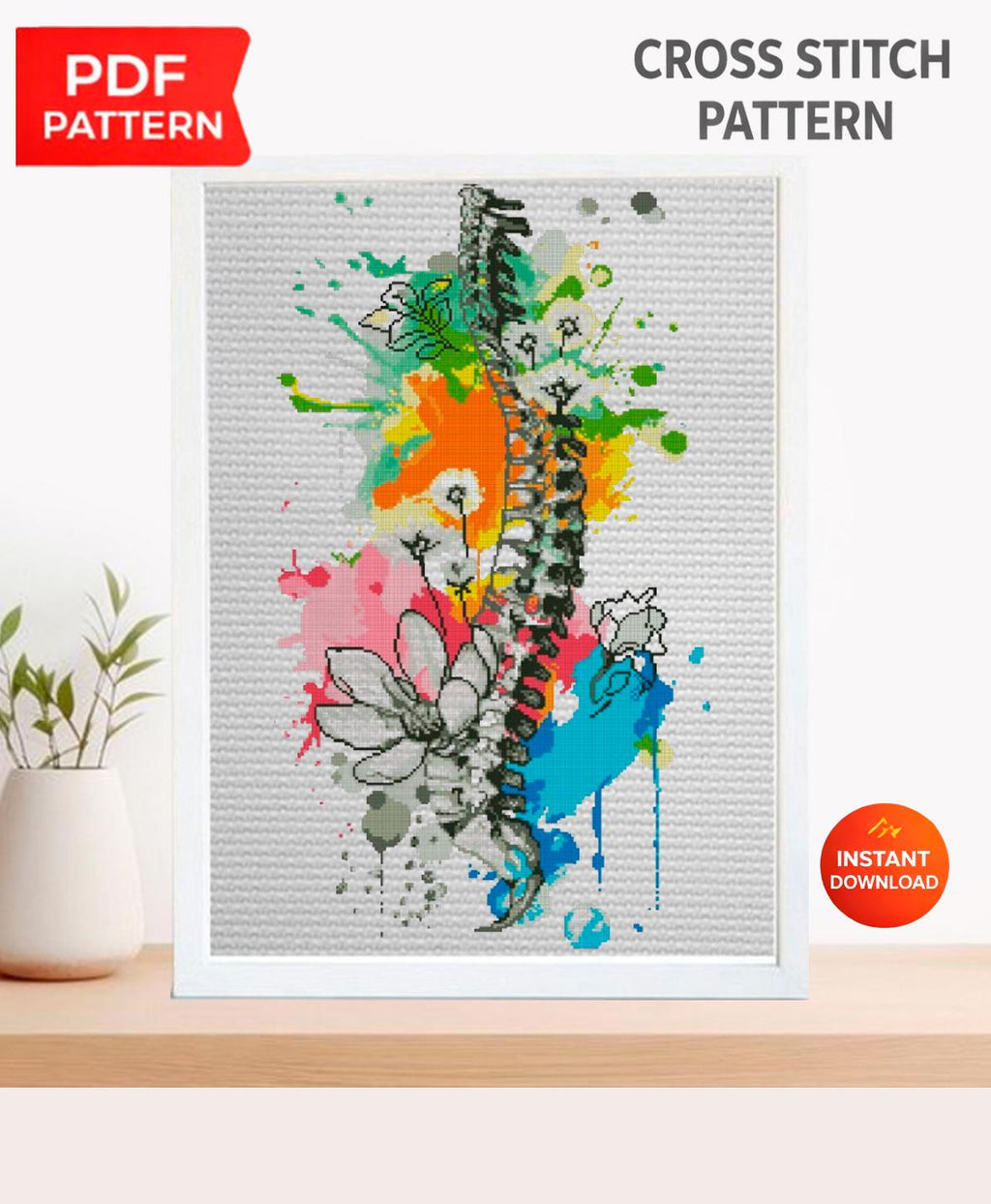 Spine Anatomy Cross Stitch Pattern PDF, Colorful Vertebrae Embroidery Chart, Modern Anatomical Art, Floral Skeleton Needlepoint, Download - NuttyHappyHobby