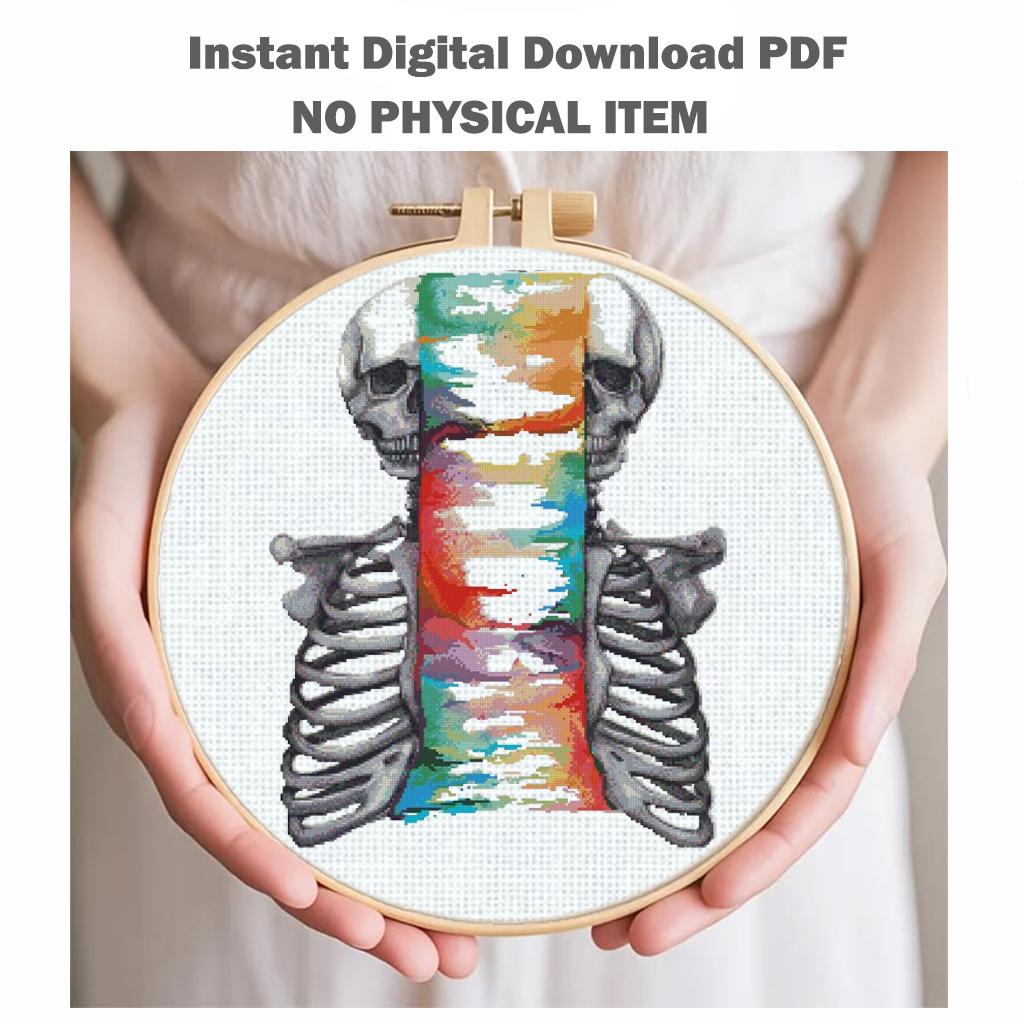 Spine and Rib Cage Cross Stitch Pattern PDF, Colorful Skeleton Anatomy Embroidery Design, Medical Wall Art Download, Pattern Keeper - NuttyHappyHobby