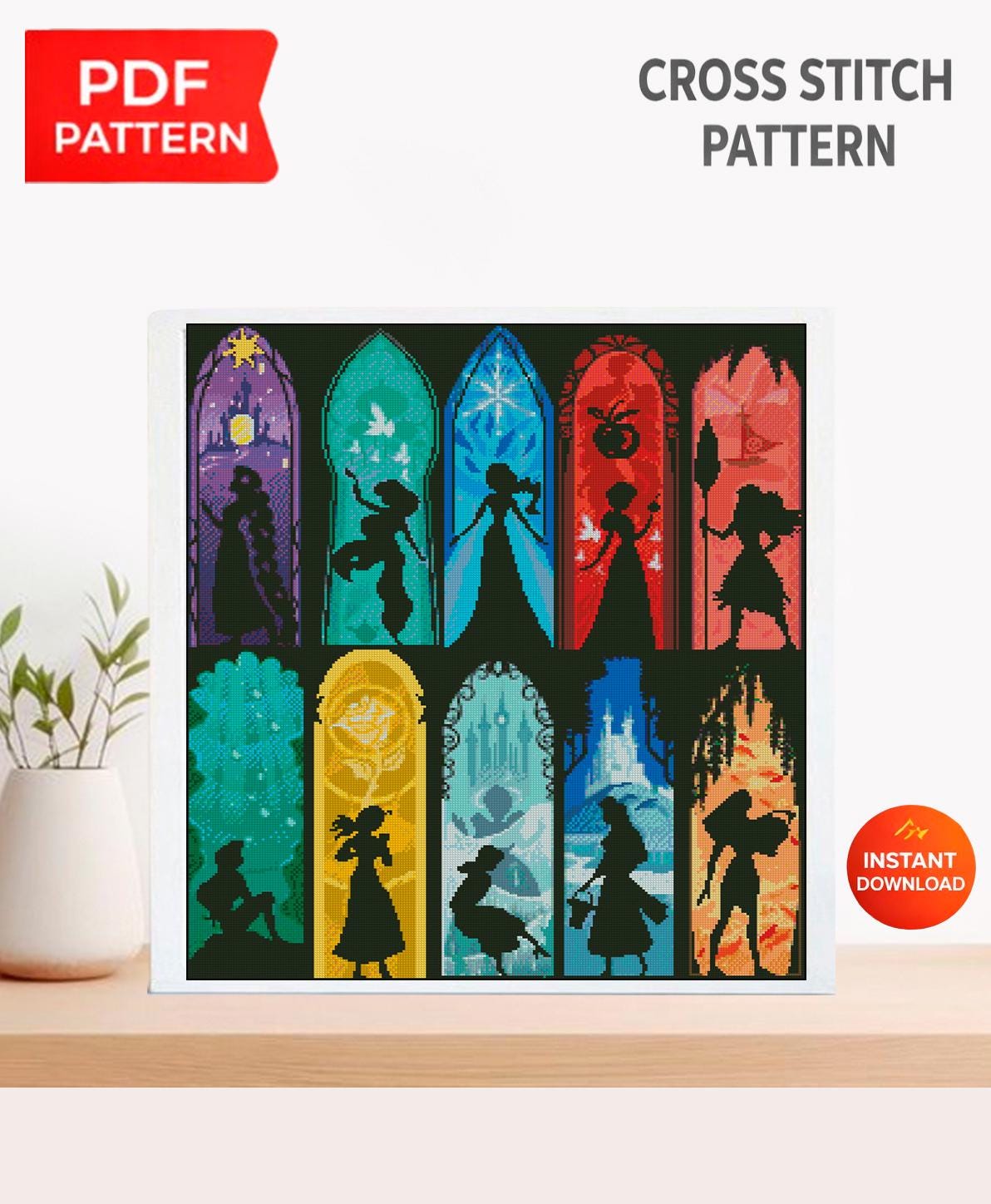 Stained Glass Princess Cross Stitch Pattern, Fantasy Princess Silhouette Embroidery PDF, Fairy Tale Window Needlework Design, 90s cartoons - NuttyHappyHobby