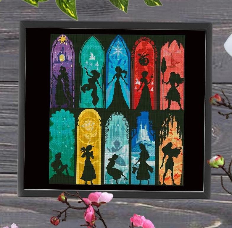 Stained Glass Princess Cross Stitch Pattern, Fantasy Princess Silhouette Embroidery PDF, Fairy Tale Window Needlework Design, 90s cartoons - NuttyHappyHobby