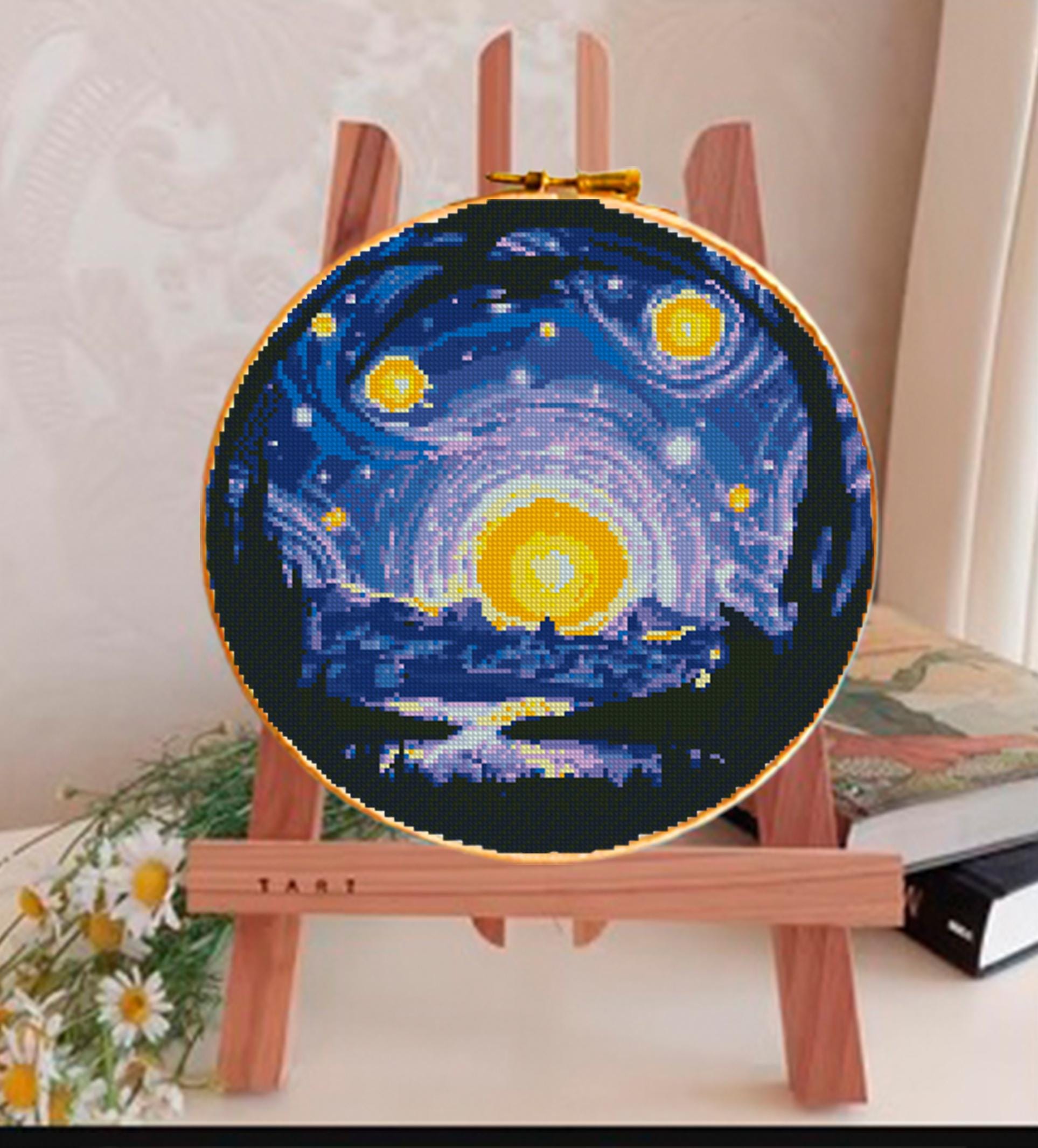 Starry Night Cross Stitch Pattern PDF, Moon Night Sky Landscape Embroidery Design, Circular Hoop Art Modern Cross Stitch Digital Download - NuttyHappyHobby