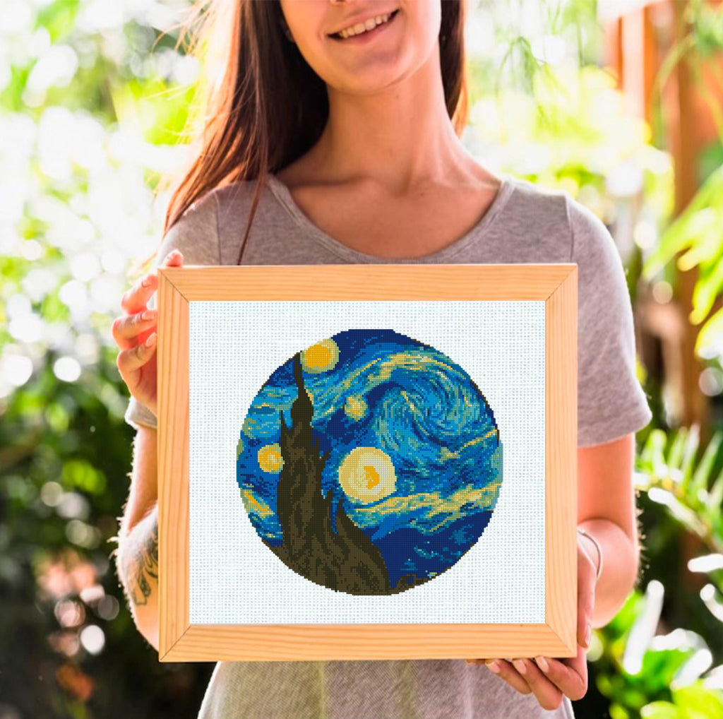 Starry Night Cross Stitch Pattern PDF, Van Gogh Inspired Night Sky Embroidery Design, Moon Stars Landscape Hoop Art Digital Download pdf - NuttyHappyHobby