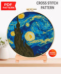 Starry Night Cross Stitch Pattern PDF, Van Gogh Inspired Night Sky Embroidery Design, Moon Stars Landscape Hoop Art Digital Download pdf - NuttyHappyHobby