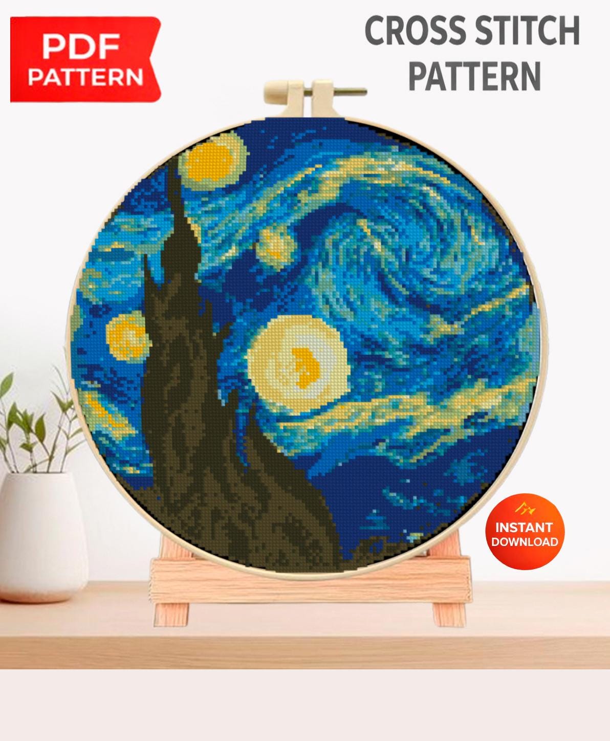 Starry Night Cross Stitch Pattern PDF, Van Gogh Inspired Night Sky Embroidery Design, Moon Stars Landscape Hoop Art Digital Download pdf - NuttyHappyHobby