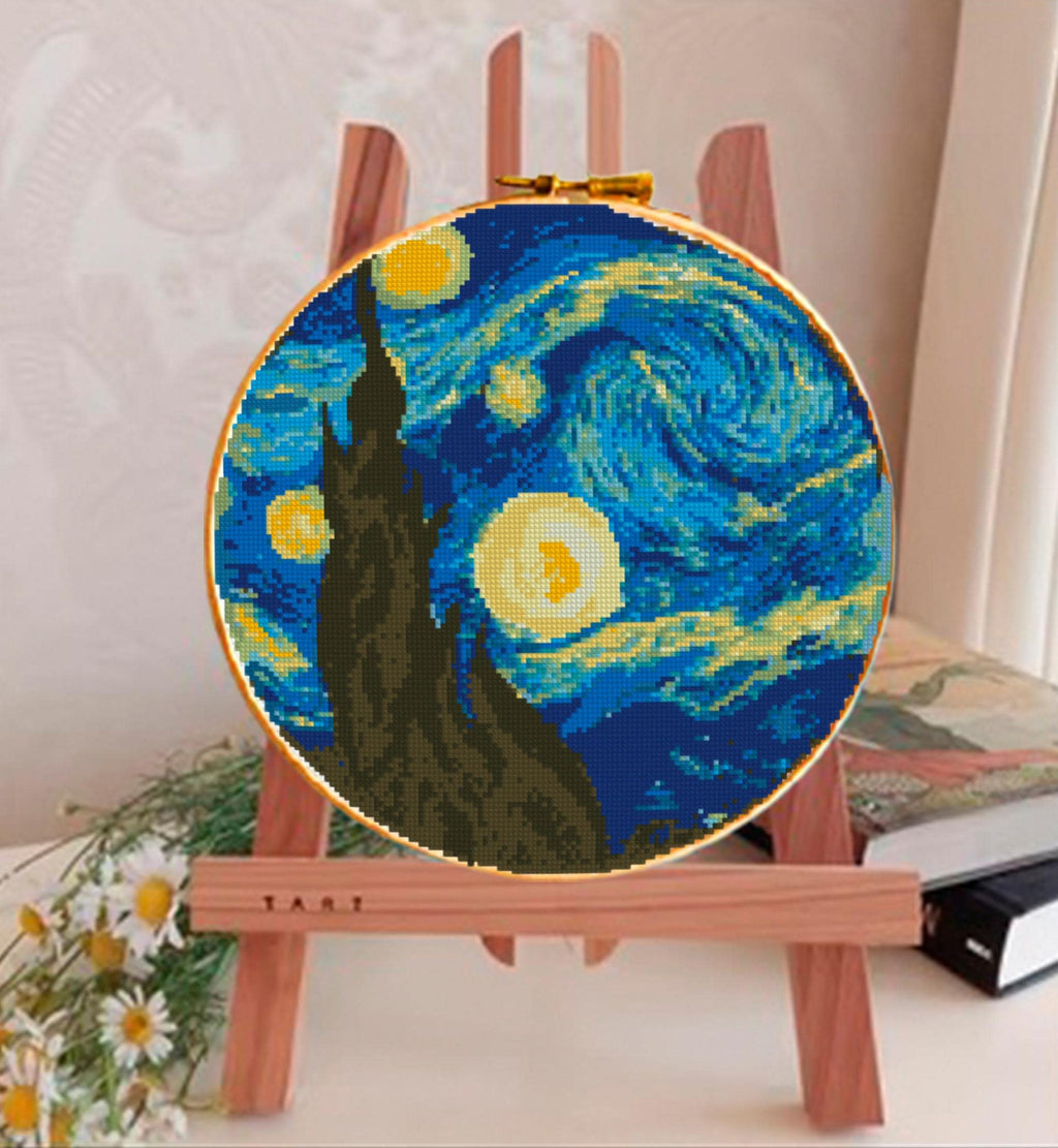 Starry Night Cross Stitch Pattern PDF, Van Gogh Inspired Night Sky Embroidery Design, Moon Stars Landscape Hoop Art Digital Download pdf - NuttyHappyHobby