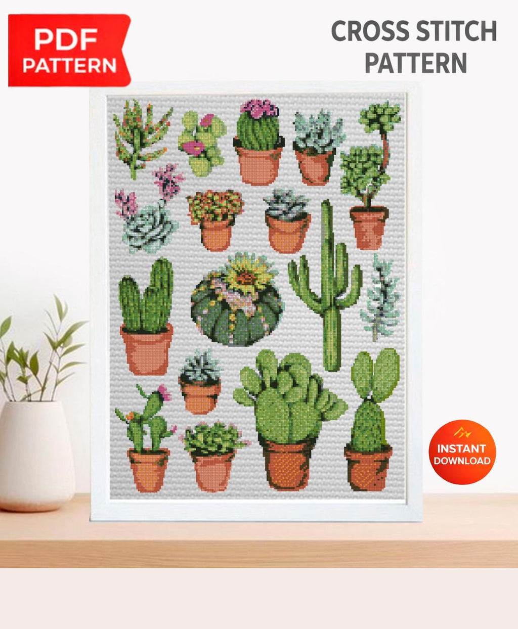Succulent Cross Stitch Pattern PDF, Cactus Cross Stitch Chart, Botanical Embroidery Design, Plant Lover Gift, Modern Needlework, Download - NuttyHappyHobby