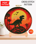 T - Rex Dinosaur Cross Stitch Pattern PDF, Fiery Sunset Silhouette Embroidery Design, Jurassic Prehistoric Wall Art, Instant Download Chart - NuttyHappyHobby