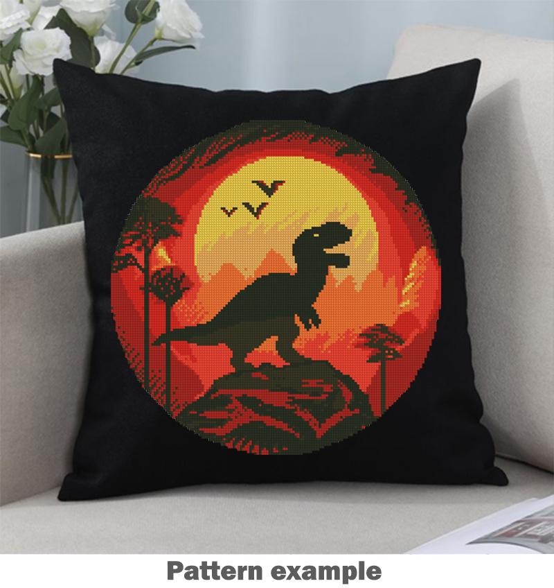 T - Rex Dinosaur Cross Stitch Pattern PDF, Fiery Sunset Silhouette Embroidery Design, Jurassic Prehistoric Wall Art, Instant Download Chart - NuttyHappyHobby