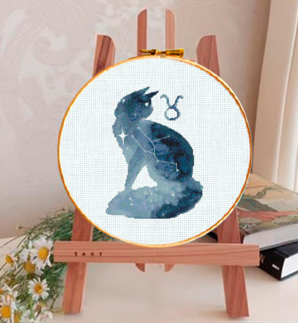 Taurus Cat Cross Stitch Pattern PDF, Zodiac Cat Embroidery Design, Taurus Astrology Cross Stitch Chart, Celestial Cat Needlework download - NuttyHappyHobby