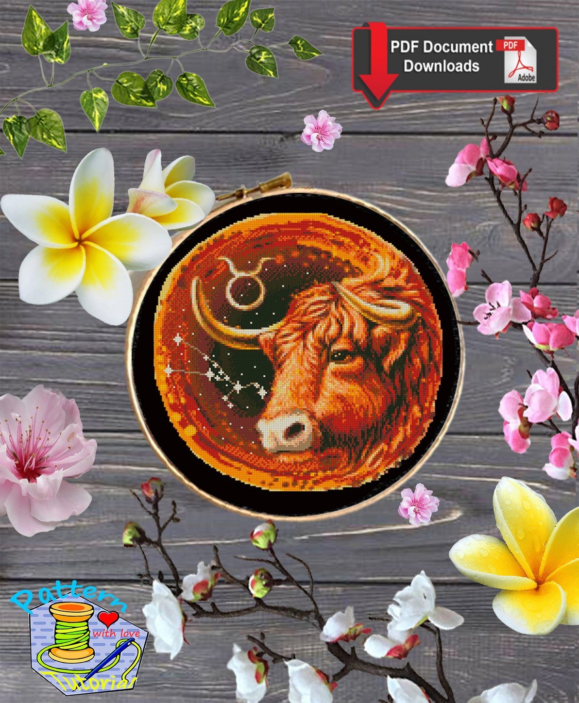 Taurus Zodiac Cross Stitch Pattern PDF, Bull Astrology Embroidery Design, Taurus Constellation Stitch Chart, Celestial Horoscope Needlework - NuttyHappyHobby