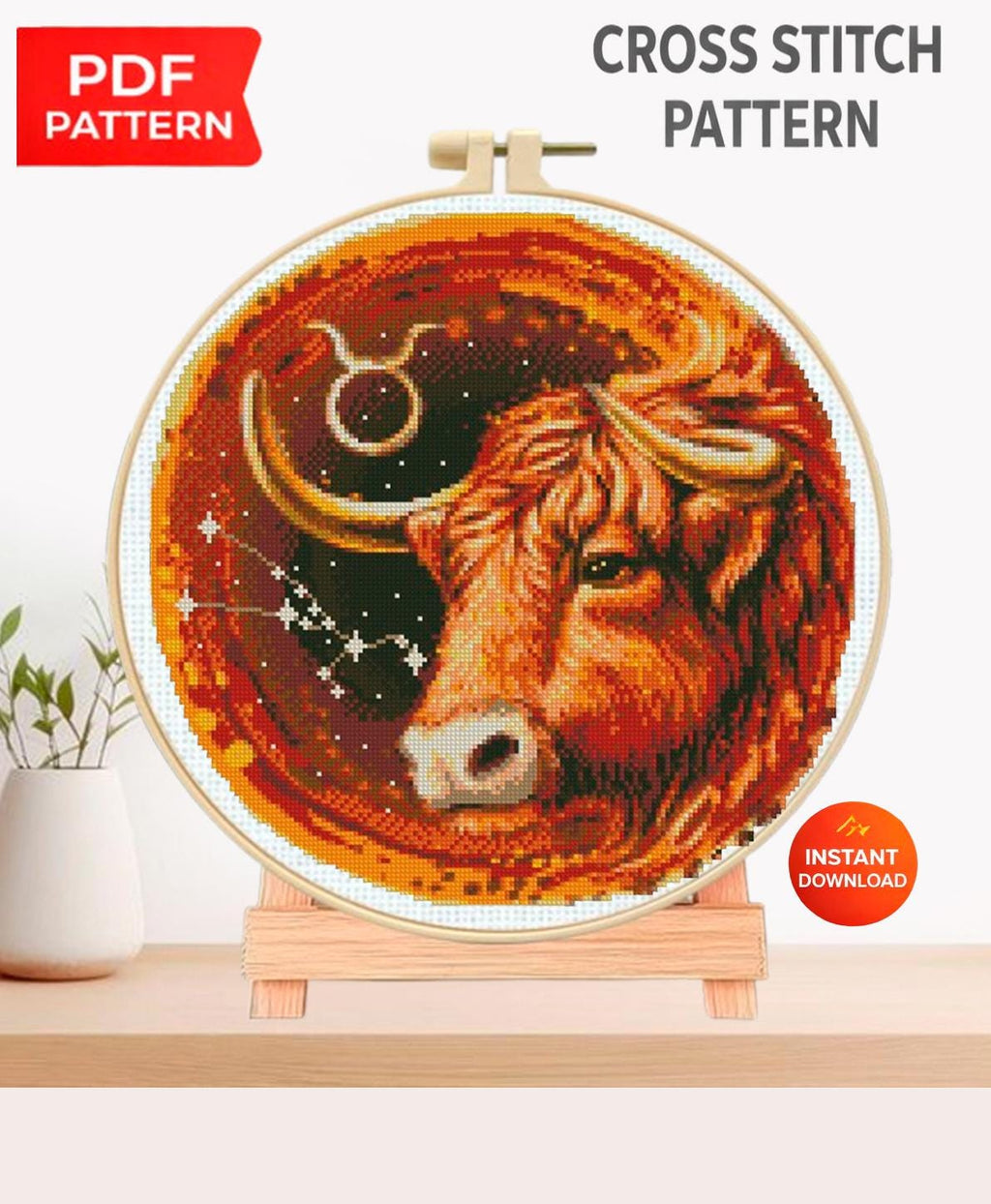 Taurus Zodiac Cross Stitch Pattern PDF, Bull Astrology Embroidery Design, Taurus Constellation Stitch Chart, Celestial Horoscope Needlework - NuttyHappyHobby