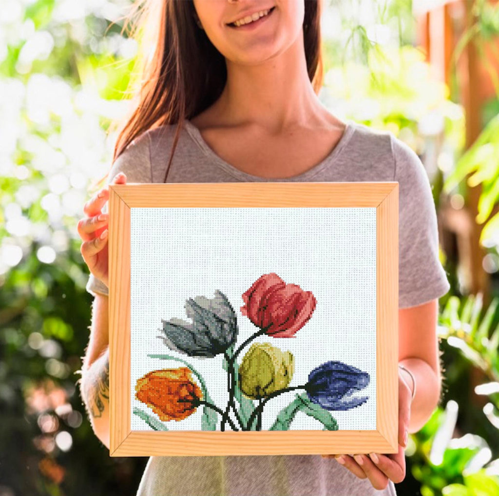 Tulip Cross Stitch Pattern PDF, Colorful Flower Embroidery Design, Botanical Floral Cross Stitch Chart, Spring Needlework, Instant Download - NuttyHappyHobby