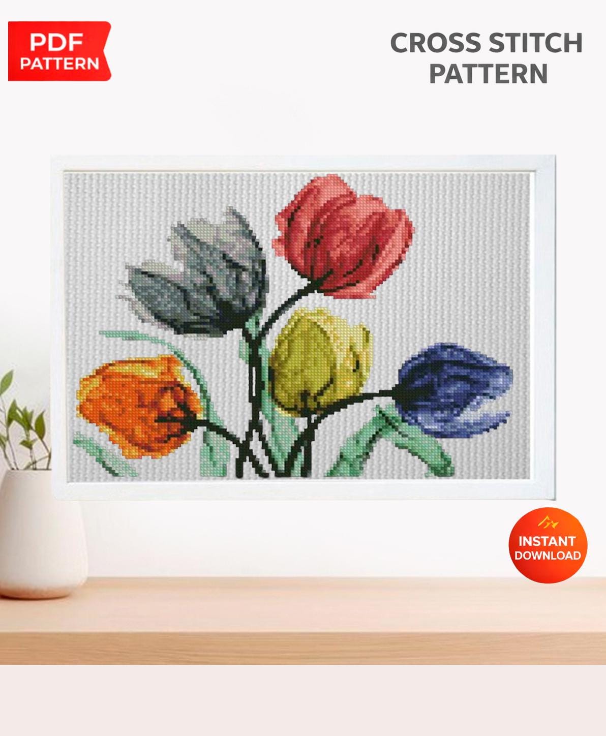 Tulip Cross Stitch Pattern PDF, Colorful Flower Embroidery Design, Botanical Floral Cross Stitch Chart, Spring Needlework, Instant Download - NuttyHappyHobby