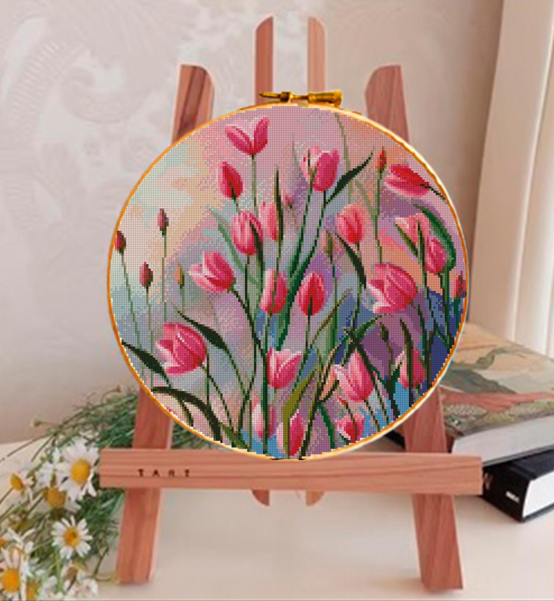 Tulip Cross Stitch Pattern PDF, Pink Flower Embroidery Design, Spring Floral Cross Stitch Chart, Botanical Needlework, Instant Download pdf - NuttyHappyHobby