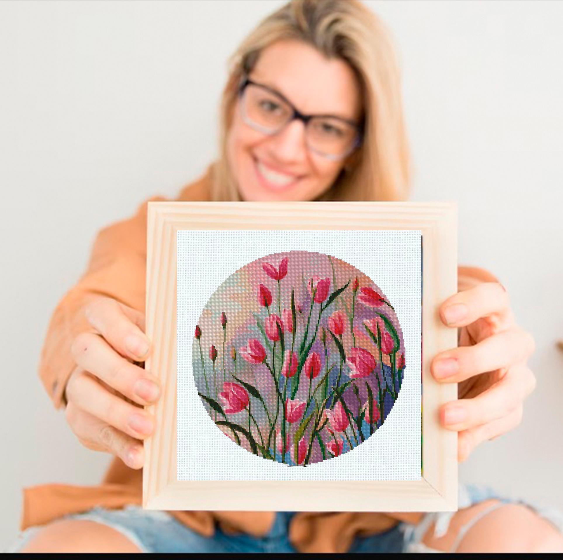 Tulip Cross Stitch Pattern PDF, Pink Flower Embroidery Design, Spring Floral Cross Stitch Chart, Botanical Needlework, Instant Download pdf - NuttyHappyHobby