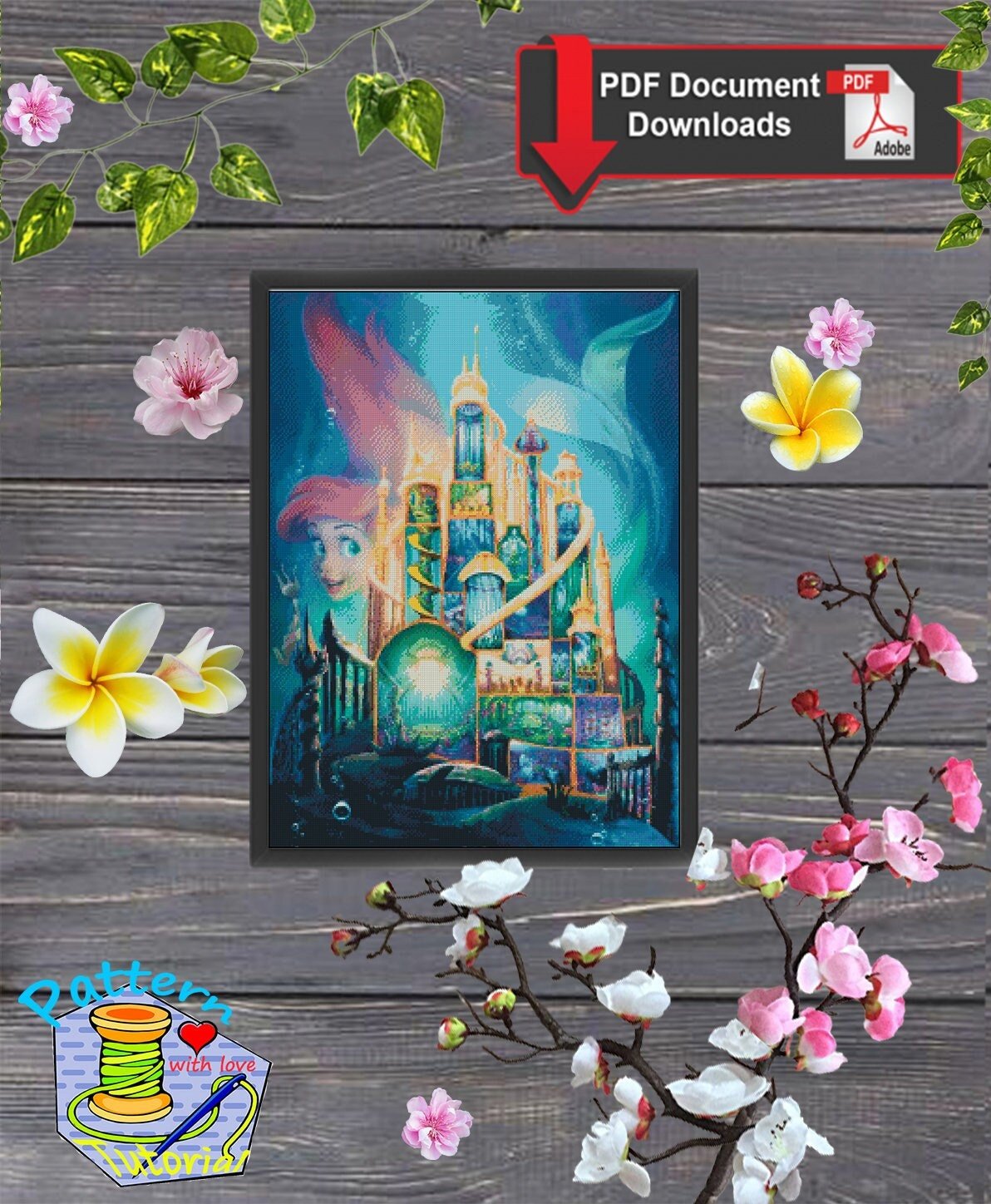 Underwater Fantasy Castle Cross Stitch Pattern PDF, Magical Ocean Palace Embroidery Design, Fantasy Sea Kingdom Needlepoint Chart, 90s - NuttyHappyHobby