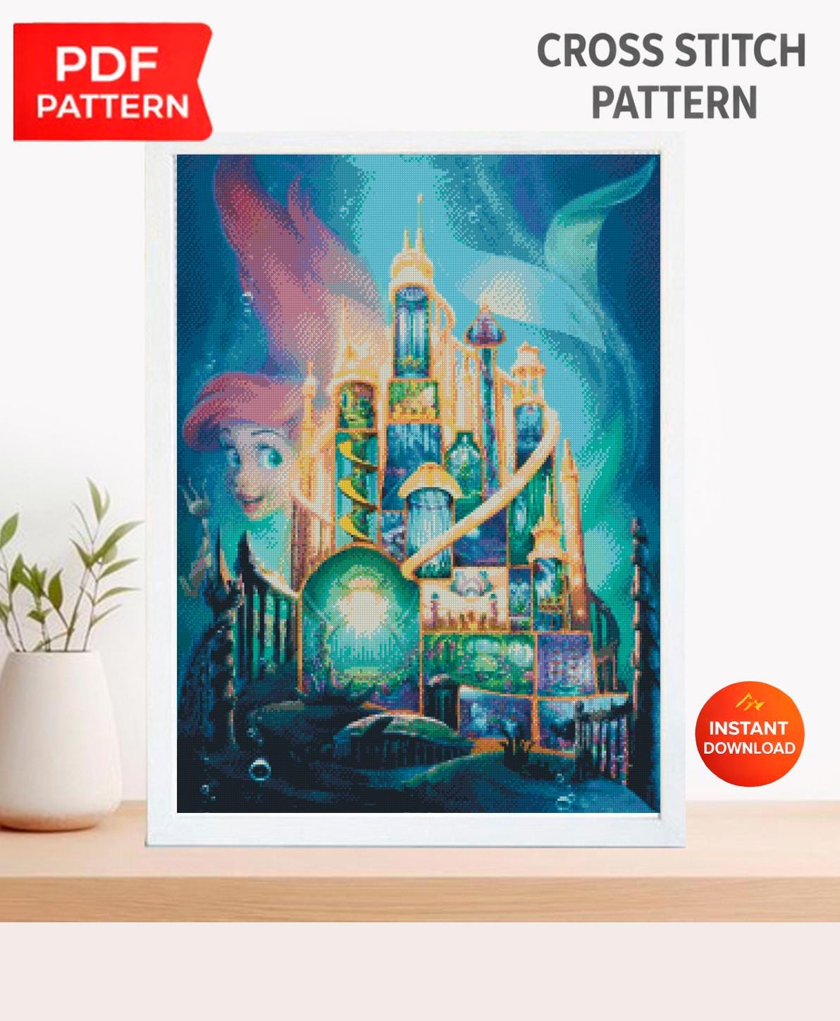 Underwater Fantasy Castle Cross Stitch Pattern PDF, Magical Ocean Palace Embroidery Design, Fantasy Sea Kingdom Needlepoint Chart, 90s - NuttyHappyHobby