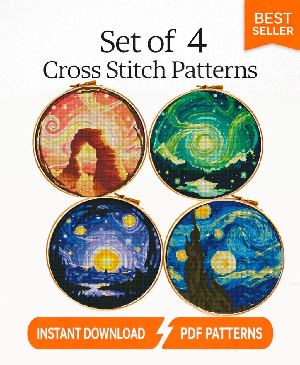 Van Gogh Style Cross Stitch Pattern Bundle PDF, Starry Night Galaxy Landscape Embroidery Set, 4 Mini Cross Stitch Patterns Digital Download - NuttyHappyHobby
