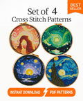Van Gogh Style Cross Stitch Pattern Bundle PDF, Starry Night Galaxy Landscape Embroidery Set, 4 Mini Cross Stitch Patterns Digital Download - NuttyHappyHobby