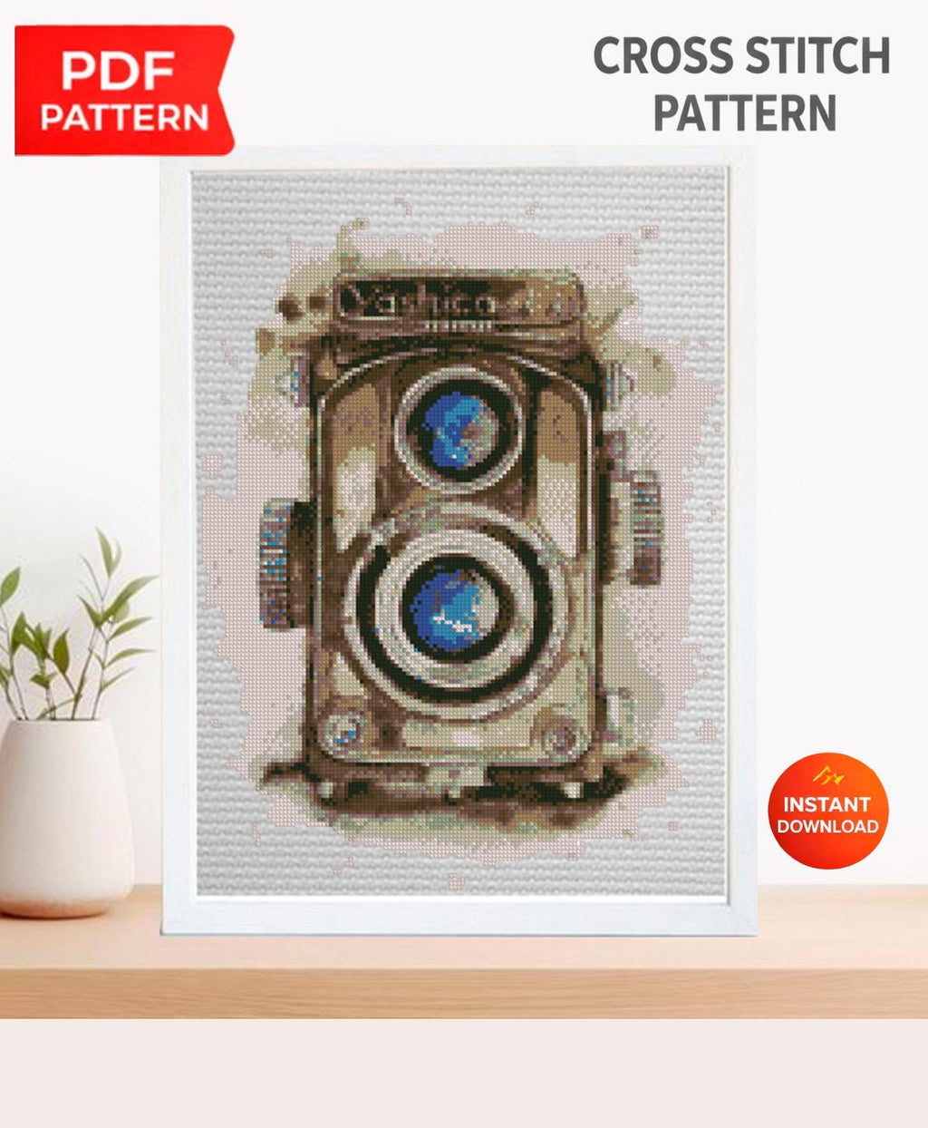 Vintage Camera Cross Stitch Pattern PDF, Retro Camera Embroidery Pattern, Photography Lover Gift, Antique Camera Cross Stitch, Download - NuttyHappyHobby