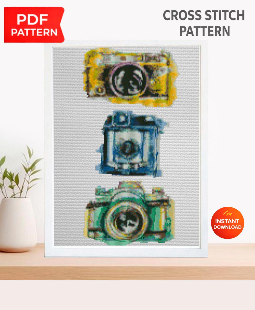 Vintage Camera Cross Stitch Pattern Set PDF, Retro Camera Embroidery Bundle, Photography Cross Stitch Collection, Instant Download pdf - NuttyHappyHobby
