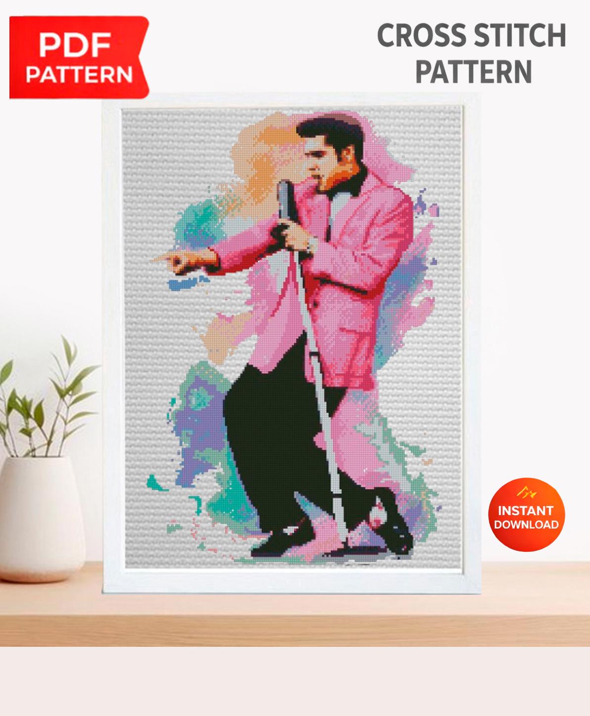 Vintage Rock and Roll Singer Cross Stitch Pattern PDF, Retro Stage Performer Inspired Embroidery Design, Colorful Music Icon Wall Art - NuttyHappyHobby