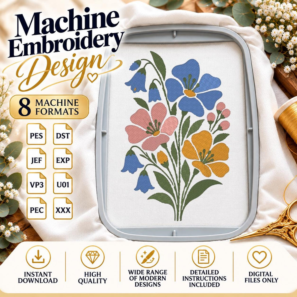 Wildflower Bouquet Machine Embroidery Design, Bluebell Pink Yellow Flowers, Minimalist Floral PES DST JEF, Instant Download - NuttyHappyHobby