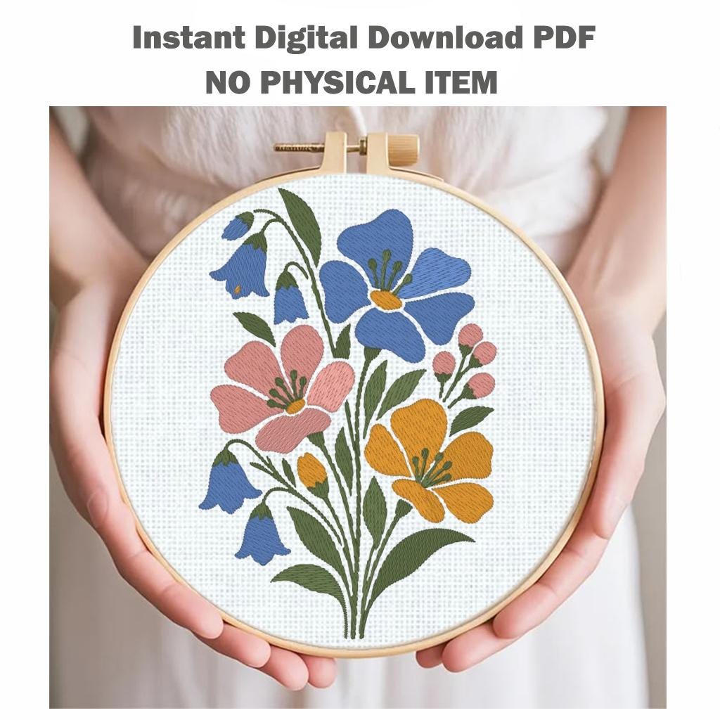 Wildflower Bouquet Machine Embroidery Design, Bluebell Pink Yellow Flowers, Minimalist Floral PES DST JEF, Instant Download - NuttyHappyHobby