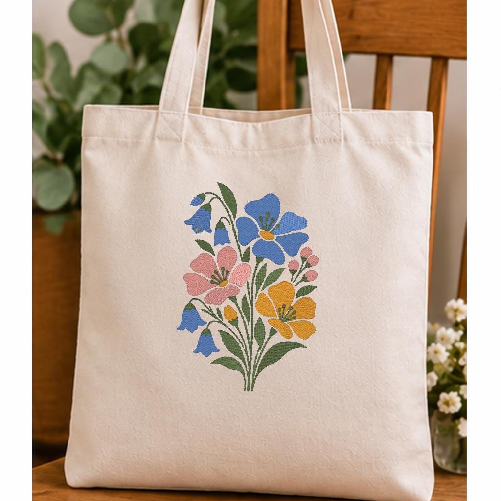 Wildflower Bouquet Machine Embroidery Design, Bluebell Pink Yellow Flowers, Minimalist Floral PES DST JEF, Instant Download - NuttyHappyHobby
