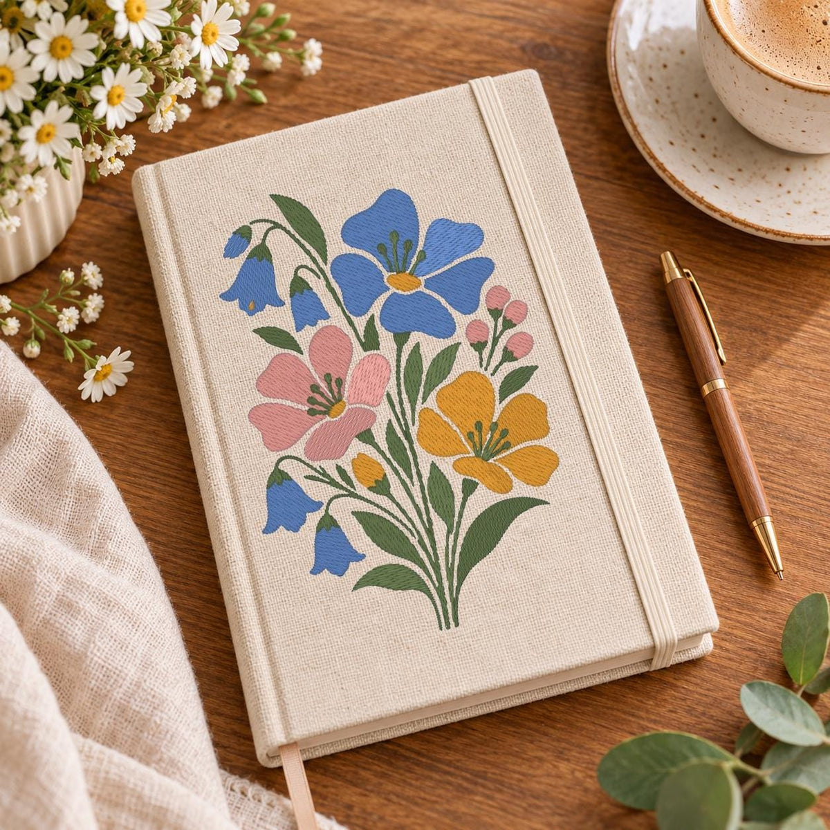 Wildflower Bouquet Machine Embroidery Design, Bluebell Pink Yellow Flowers, Minimalist Floral PES DST JEF, Instant Download - NuttyHappyHobby