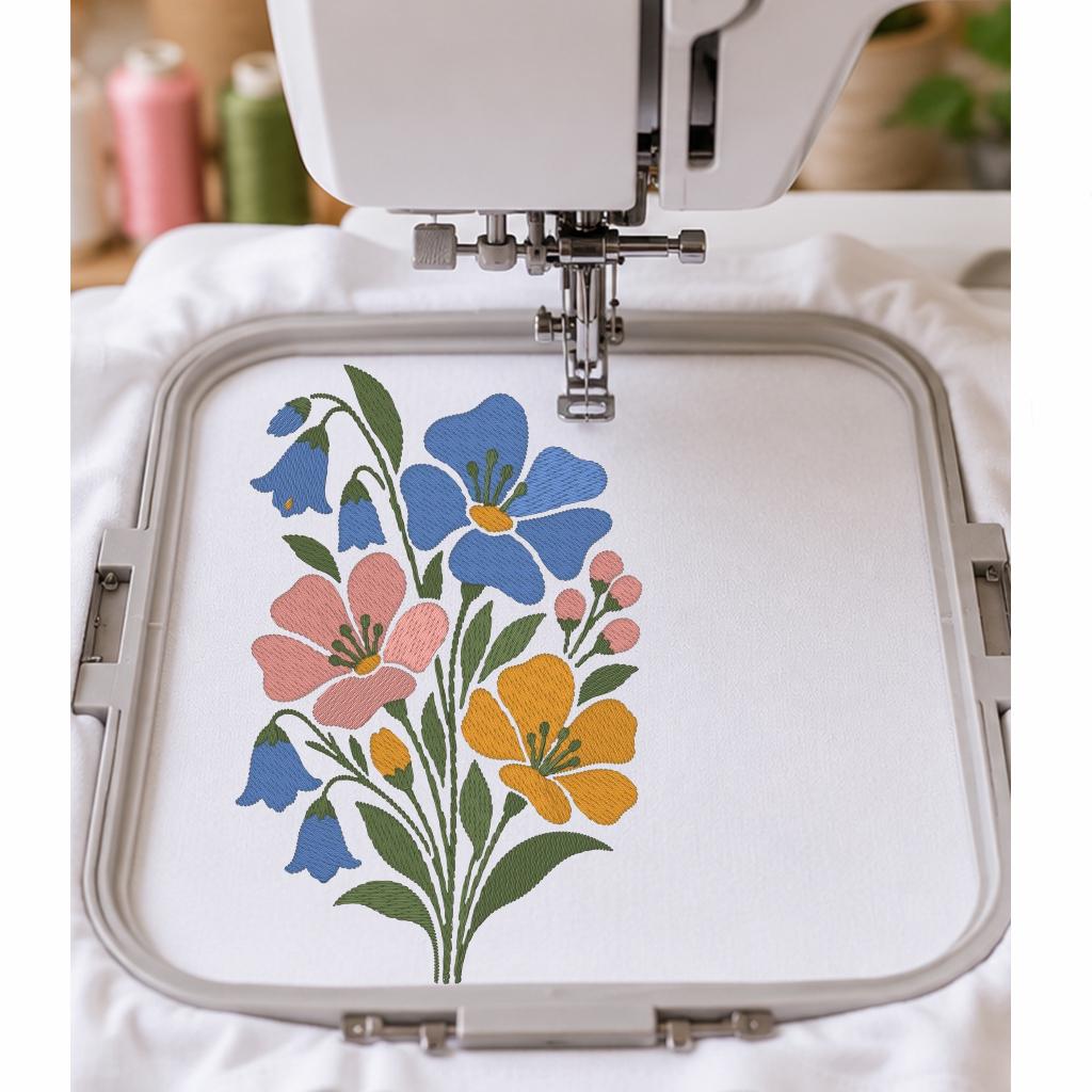 Wildflower Bouquet Machine Embroidery Design, Bluebell Pink Yellow Flowers, Minimalist Floral PES DST JEF, Instant Download - NuttyHappyHobby