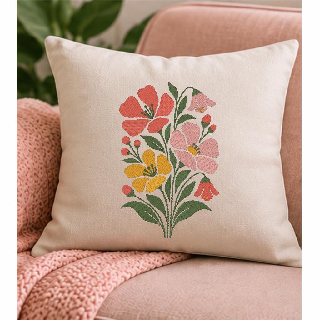 Wildflower Bouquet Machine Embroidery Design, Minimalist Pink Yellow Floral, Spring Botanical Flowers PES DST JEF, Instant Download - NuttyHappyHobby