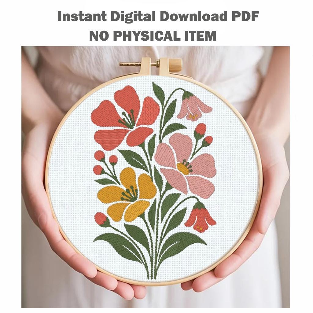 Wildflower Bouquet Machine Embroidery Design, Minimalist Pink Yellow Floral, Spring Botanical Flowers PES DST JEF, Instant Download - NuttyHappyHobby