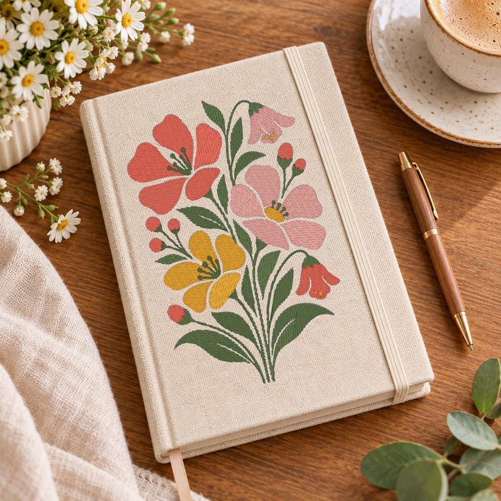 Wildflower Bouquet Machine Embroidery Design, Minimalist Pink Yellow Floral, Spring Botanical Flowers PES DST JEF, Instant Download - NuttyHappyHobby