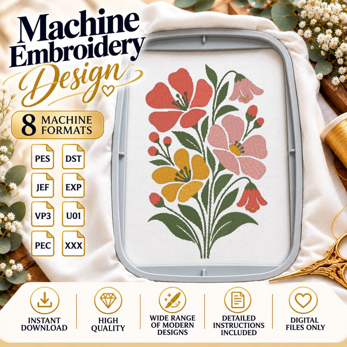 Wildflower Bouquet Machine Embroidery Design, Minimalist Pink Yellow Floral, Spring Botanical Flowers PES DST JEF, Instant Download - NuttyHappyHobby