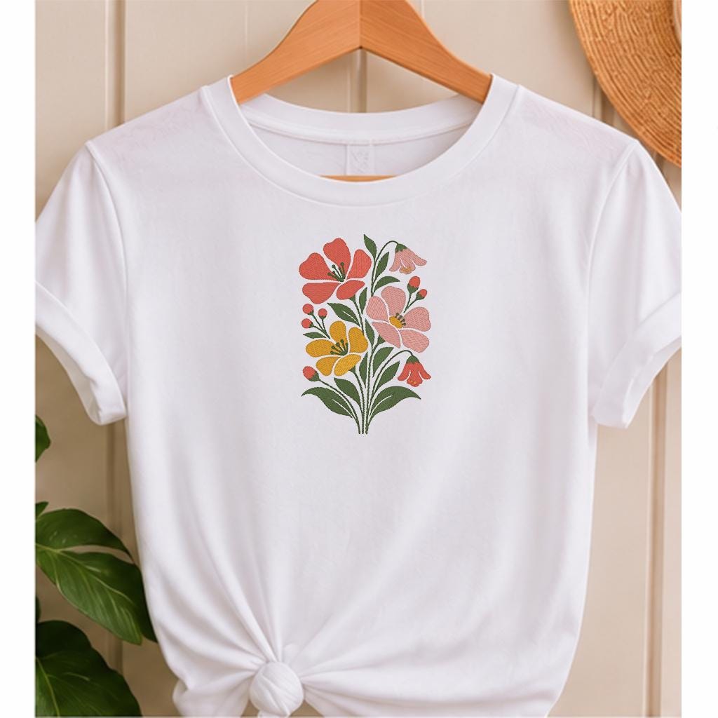 Wildflower Bouquet Machine Embroidery Design, Minimalist Pink Yellow Floral, Spring Botanical Flowers PES DST JEF, Instant Download - NuttyHappyHobby