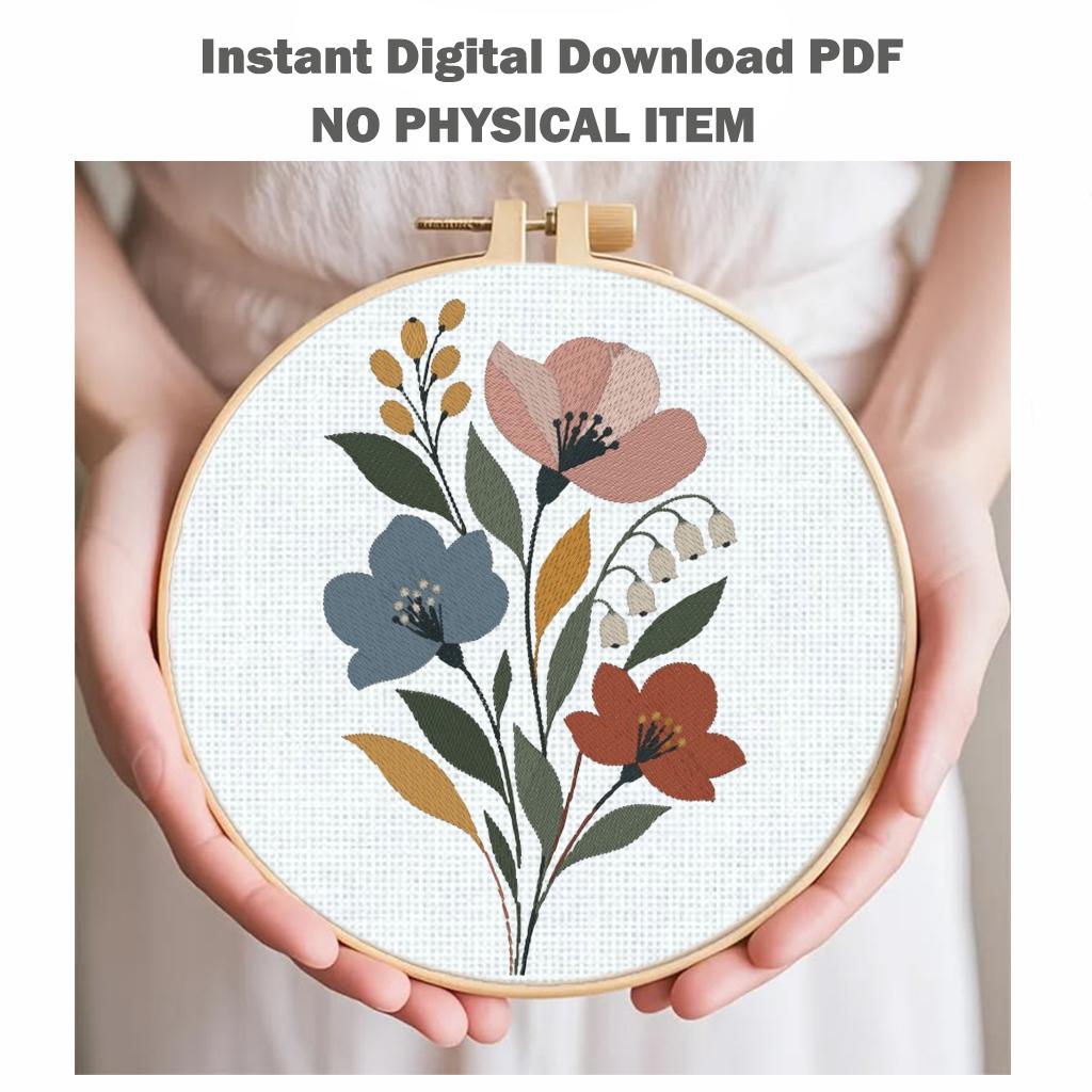 Wildflower Bouquet Machine Embroidery Design, Pastel Boho Floral, Spring Botanical Flowers PES DST JEF, Instant Download - NuttyHappyHobby