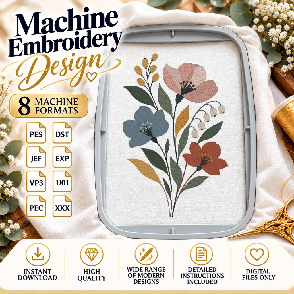 Wildflower Bouquet Machine Embroidery Design, Pastel Boho Floral, Spring Botanical Flowers PES DST JEF, Instant Download - NuttyHappyHobby