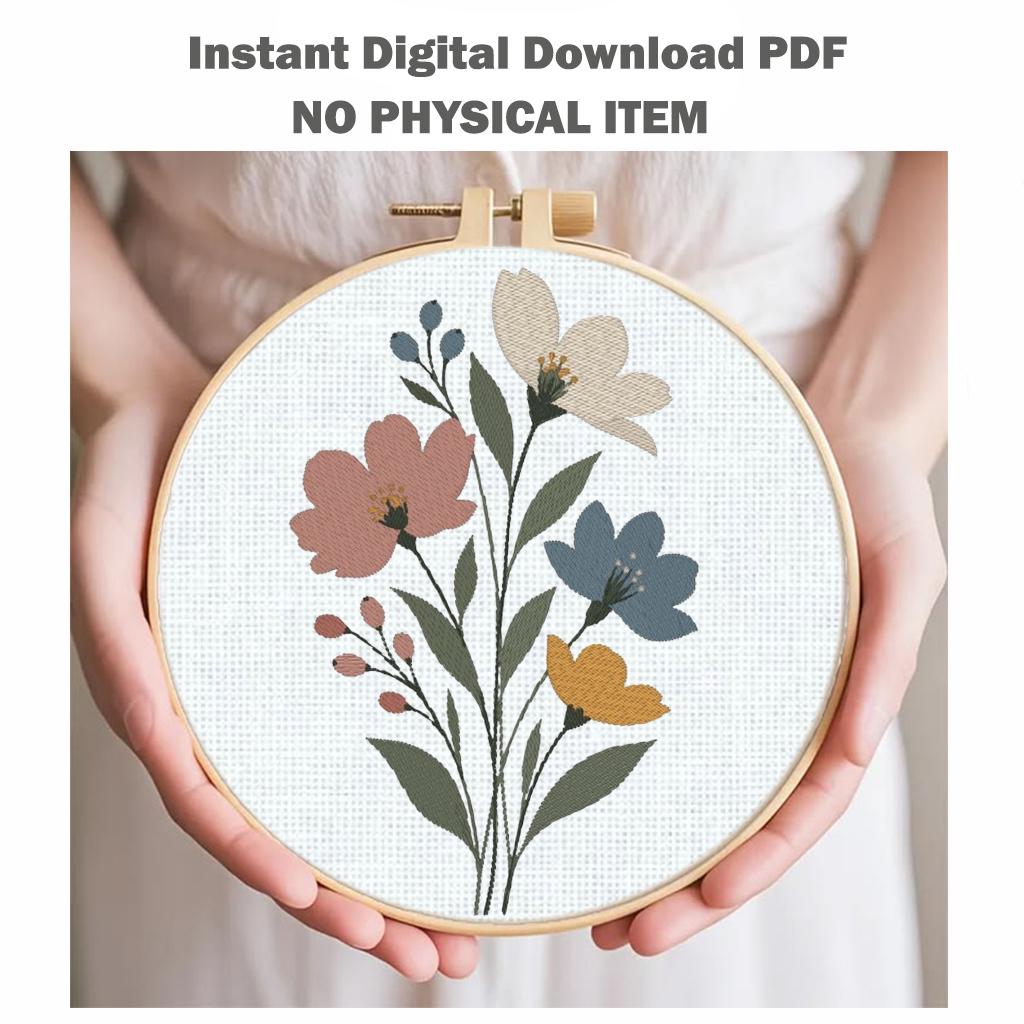 Wildflower Bouquet Machine Embroidery Design, Pastel Floral Flowers, Minimalist Boho Botanical PES DST JEF, Instant Download - NuttyHappyHobby