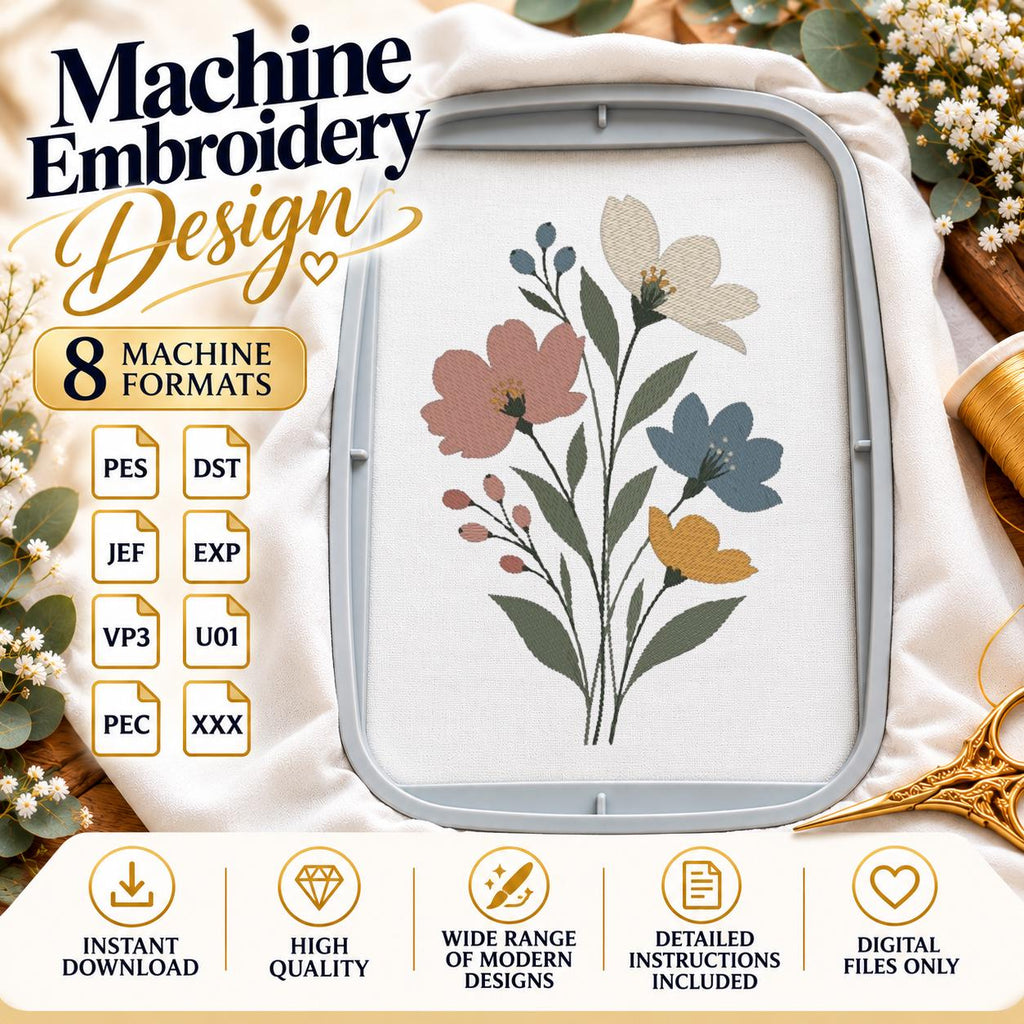 Wildflower Bouquet Machine Embroidery Design, Pastel Floral Flowers, Minimalist Boho Botanical PES DST JEF, Instant Download - NuttyHappyHobby