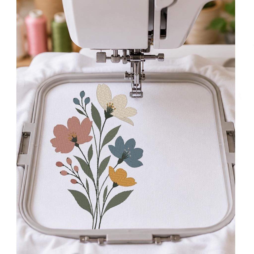 Wildflower Bouquet Machine Embroidery Design, Pastel Floral Flowers, Minimalist Boho Botanical PES DST JEF, Instant Download - NuttyHappyHobby