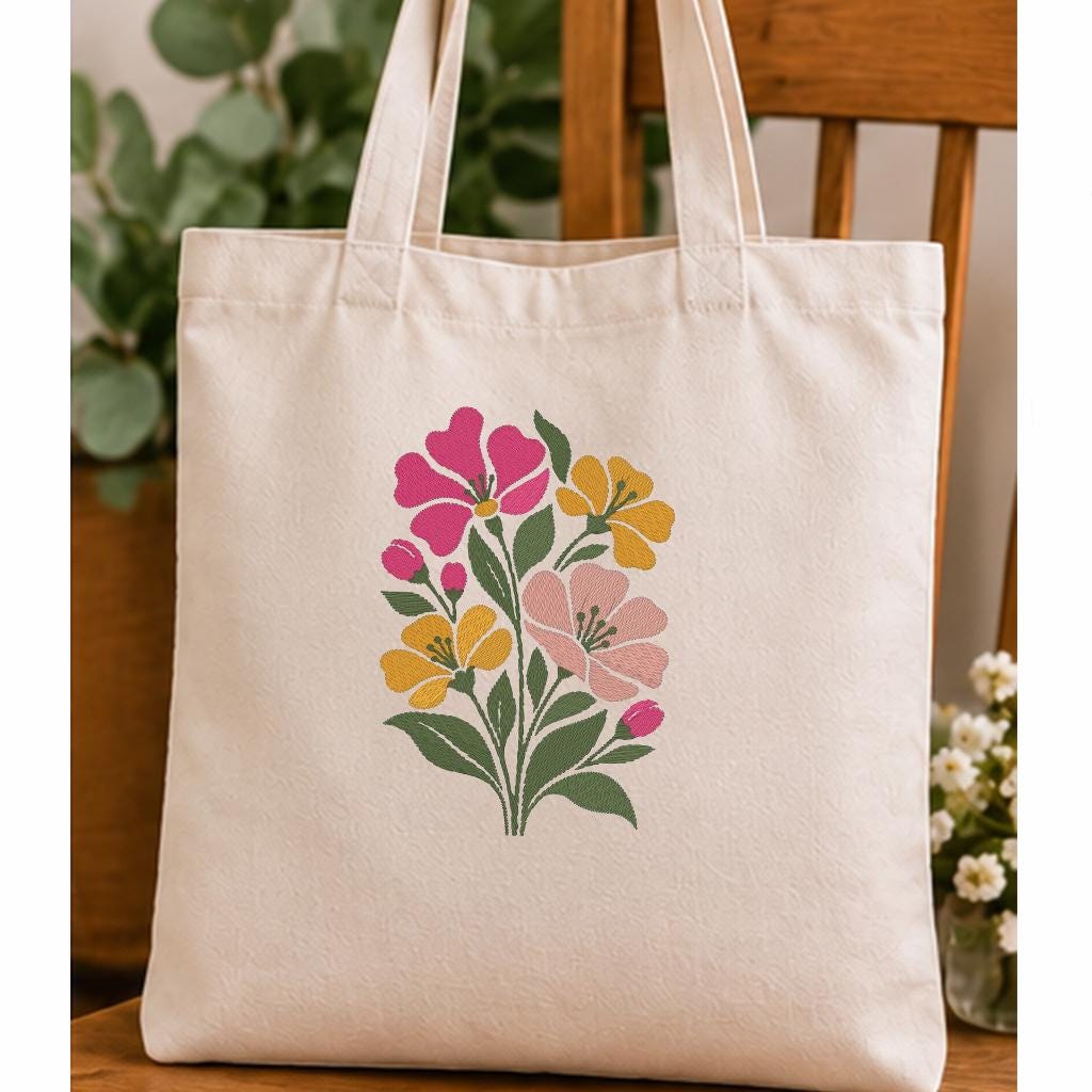 Wildflower Machine Embroidery Design, Pink Yellow Floral Bouquet, Minimalist Boho Spring Flowers PES DST JEF, Instant Download - NuttyHappyHobby